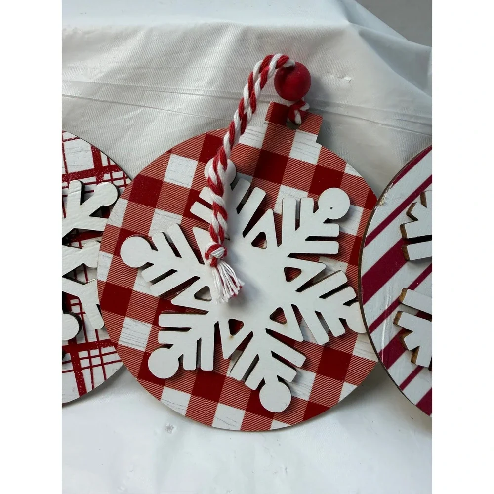 4pc Red White Wooden Snowflake Christmas Ornaments Plaid Polka Dot Striped Decor
